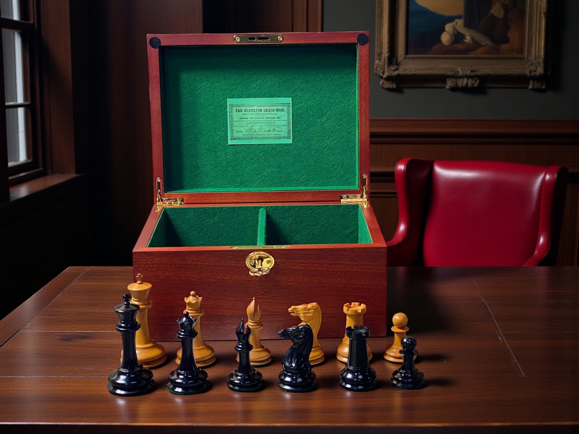3.5" 1850 Antique Ebony Chessmen with Hinged Mahogany Box