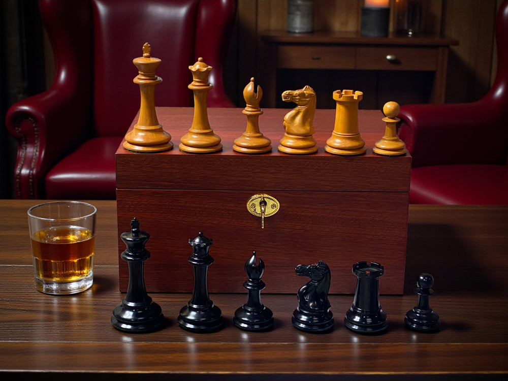 3.5" 1862 Antique Staunton Chessmen and Mahogany Deluxe Box