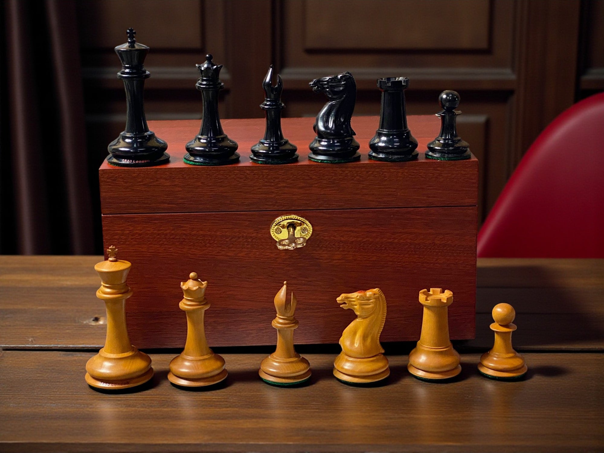 3.5" 1850 Antique Ebony Chessmen with Hinged Mahogany Box