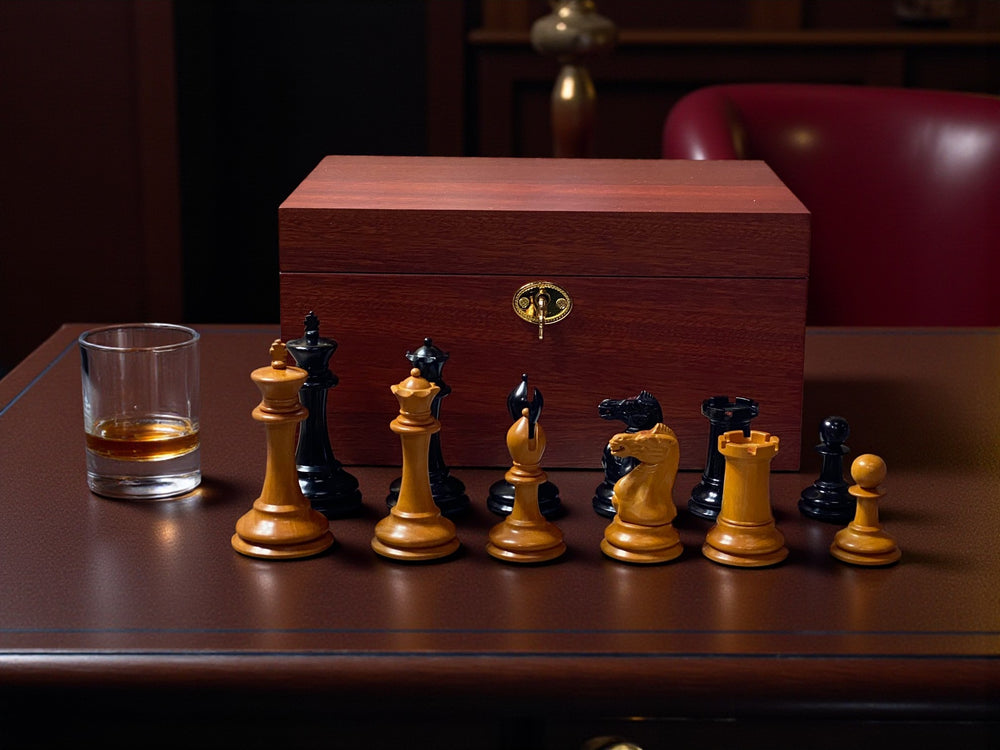 3.5" 1862 Antique Staunton Chessmen and Mahogany Deluxe Box