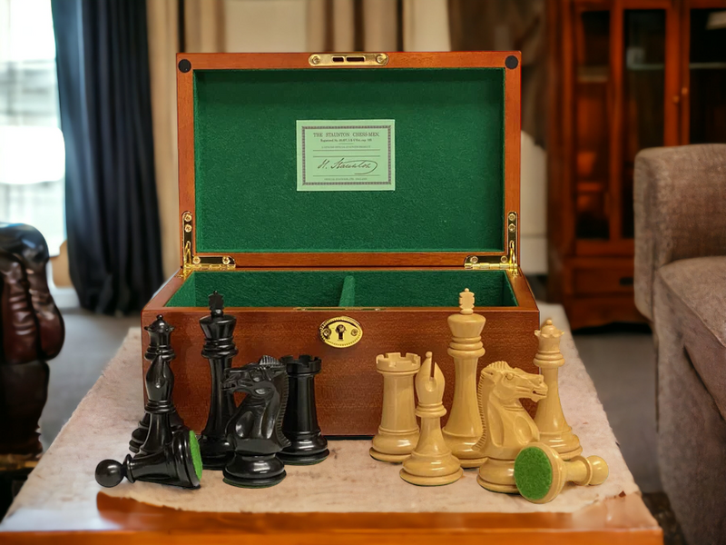 1915 Staunton Ebony Chess Pieces & Mahogany Chess Box - Official Staunton™ 