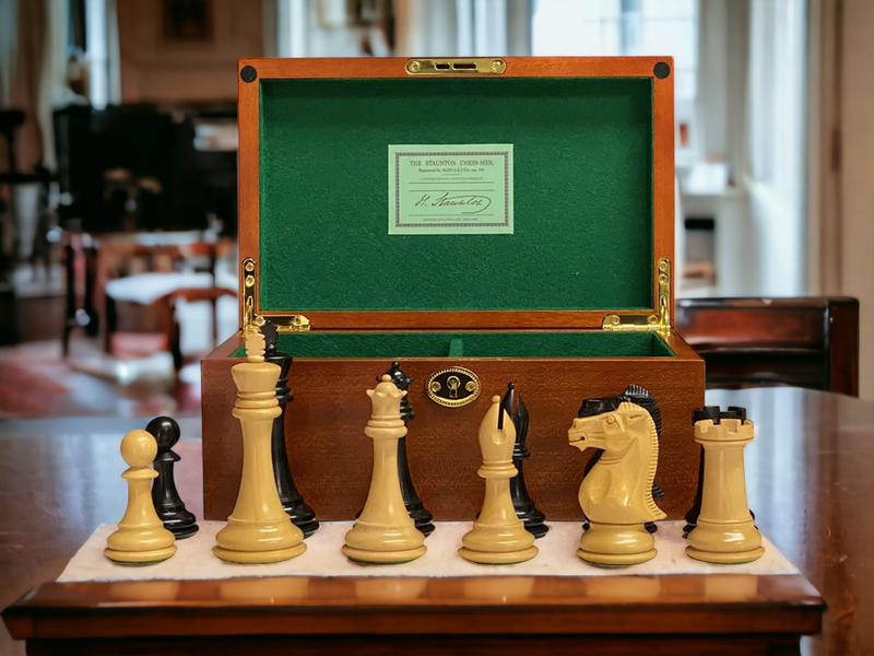 1915 Staunton Ebony Chess Pieces & Mahogany Chess Box - Official Staunton™ 