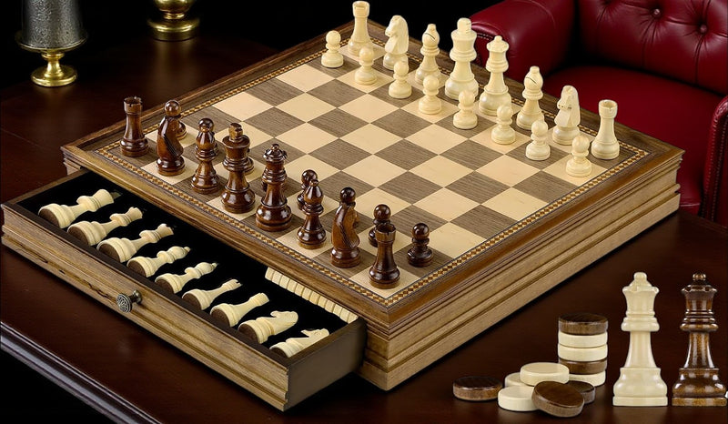 15 Inch Deluxe Walnut Drawer Chess Set
