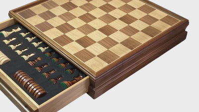 Economy 15-Inch Walnut Drawer Chess and Draughts Set
