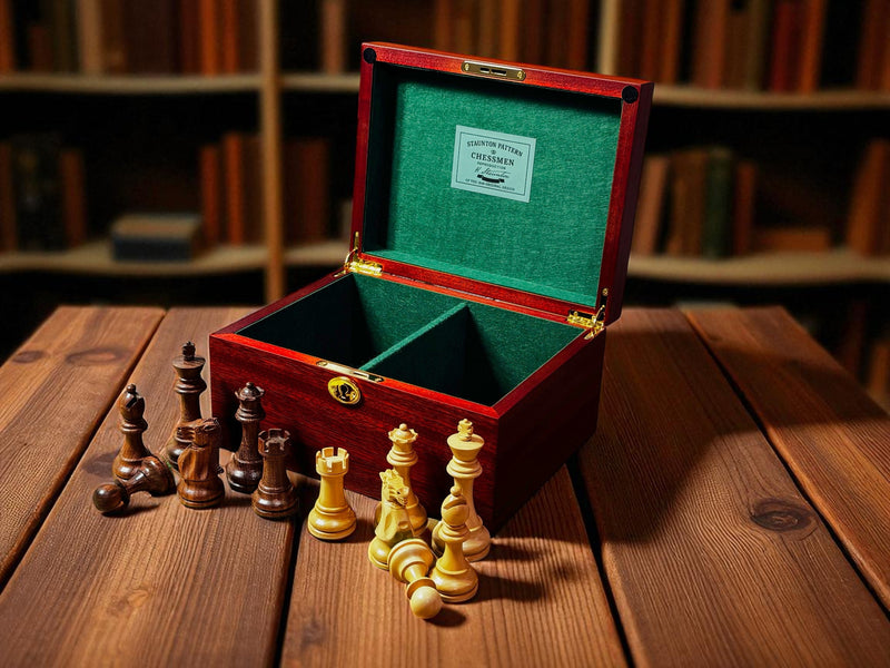 British Deluxe Acacia & Boxwood Staunton Chess Pieces - Mahogany Box