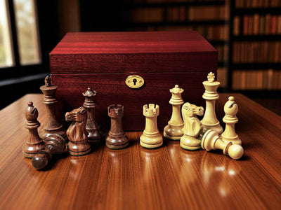 British Deluxe Acacia & Boxwood Staunton Chess Pieces - Mahogany Box