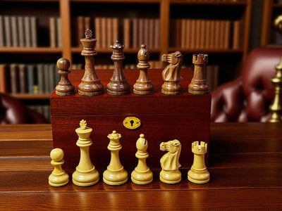 British Deluxe Acacia & Boxwood Staunton Chess Pieces - Mahogany Box