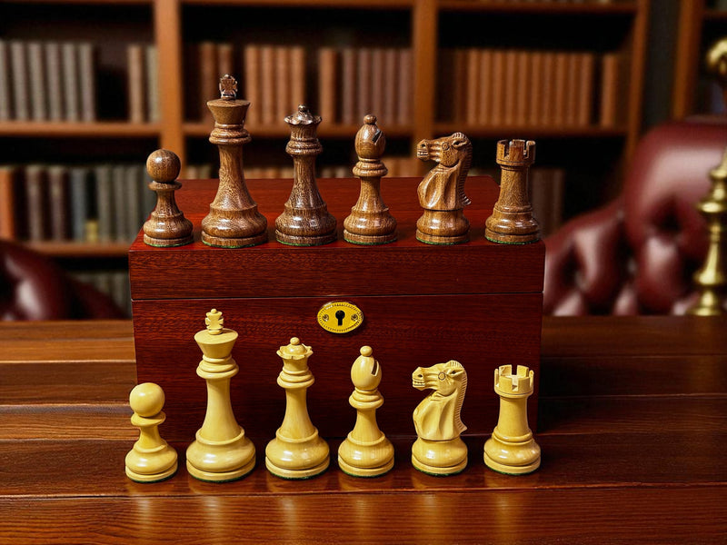 British Deluxe Acacia & Boxwood Staunton Chess Pieces - Mahogany Box