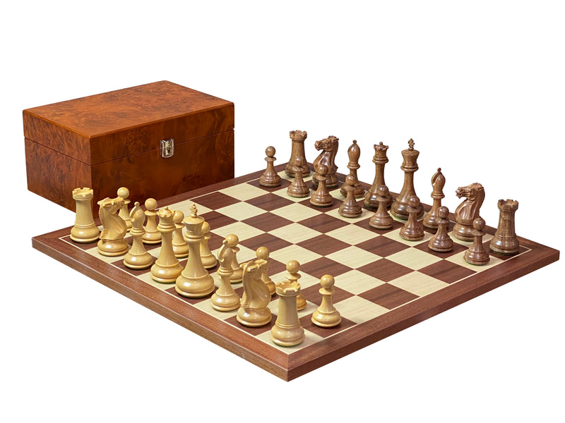 4" Staunton Collector Series Acacia Mahogany Chess Set & Burl Box - Official Staunton™ 