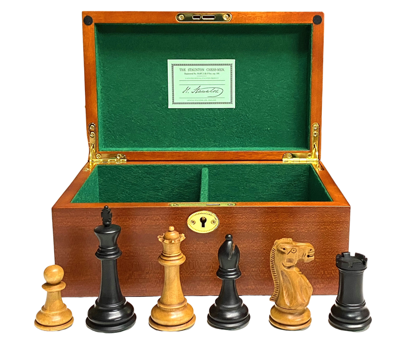 Antique Distressed Old English Staunton Chess Pieces & Mahogany Box - Official Staunton™ 
