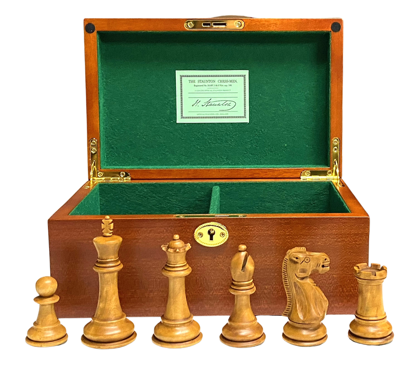 Antique Distressed Old English Staunton Chess Pieces & Mahogany Box - Official Staunton™ 