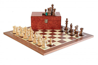 British Acacia Mahogany Chess Set & Burl Root Box - Official Staunton™ 